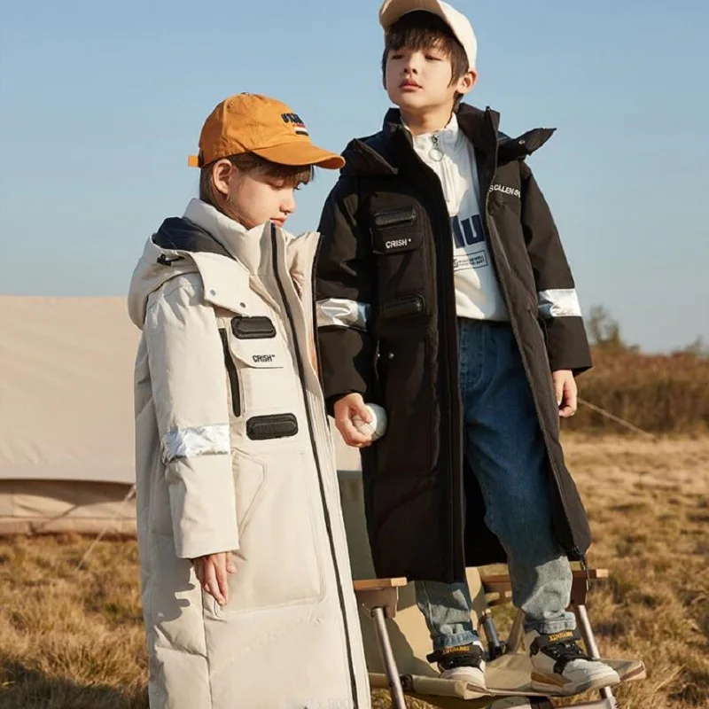 

Winter Children's Outwear Down Jacket Boys Girls Fashionable Windroof Lengthen Over The Knee Warm Thick Coat Big Kids Clothes