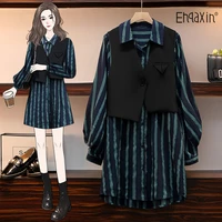 ehqaxin womens shirt dress set new spring casual loose striped mid length dress black button sleeveless vest 2 piece set m 4xl