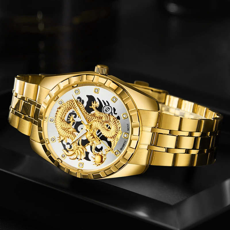 

WLISTH Men's Quartz Movement Watch Fashion Luminous Casual Business Luxury Golden Dragon Pattern Watch Without Box WA258