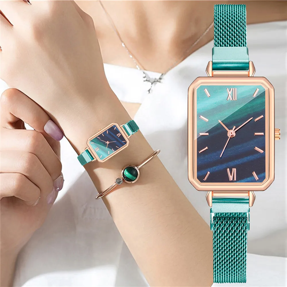 

Women Watches Fashion Square Ladies Quartz Watch Bracelet Set Green Dial Simple Magnetic Mesh Strap Luxury Women Watches