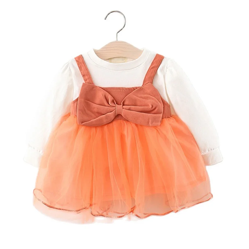 

Net Yarn Princess Dress For Baby Girl Long Sleeve Bow Patchwork Dress Newborn Infant Cute Costume Baby Dress Children's Clothes