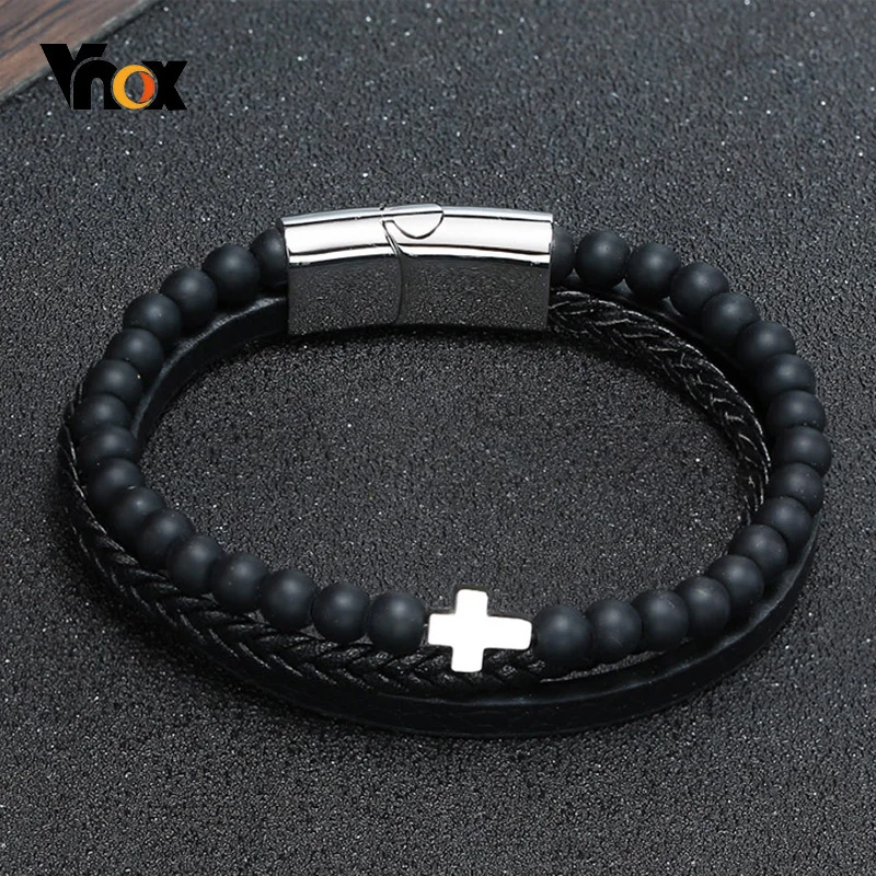 

Vnox Small Cross Charm Bracelets for Men Women,Layered Braided Leather Bangle with Black Beads, Casual Gentle Wristband