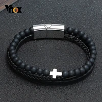 vnox small cross charm bracelets for men womenlayered braided leather bangle with black beads casual gentle wristband