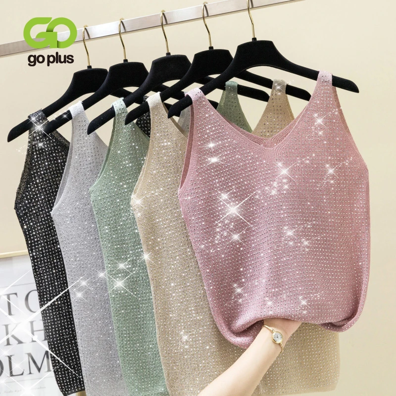 Женский трикотажный топ GOPLUS блестящий с люрексом без рукавов v-образным вырезом и