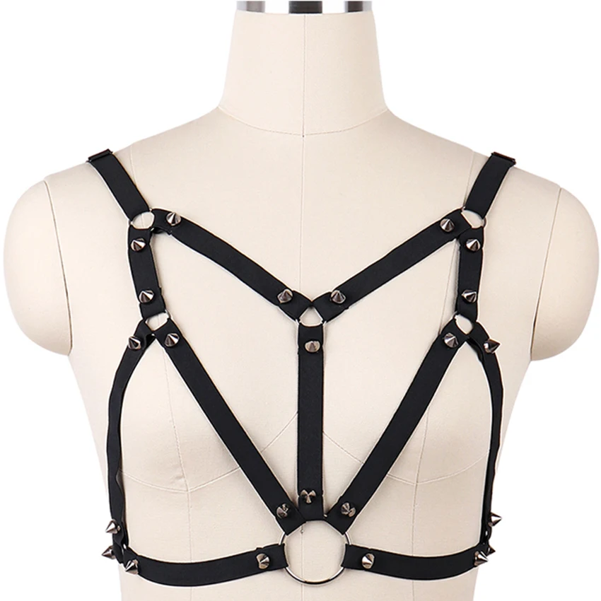 Черный женский бюстгальтер с заклепками в стиле панк|Подвязки| |