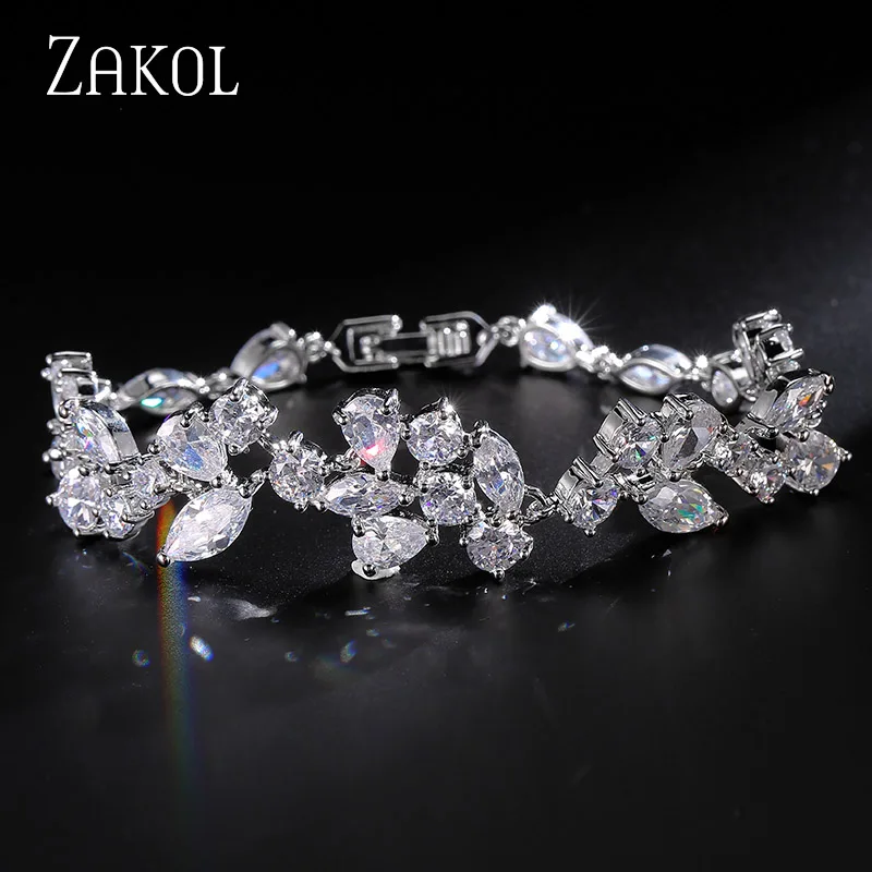 ZAKOL 3 цвета белый цвет дизайн кубического циркония цветок Цепочка браслет на запястье для женщин Мода лист Свадебные украшения FSBP014