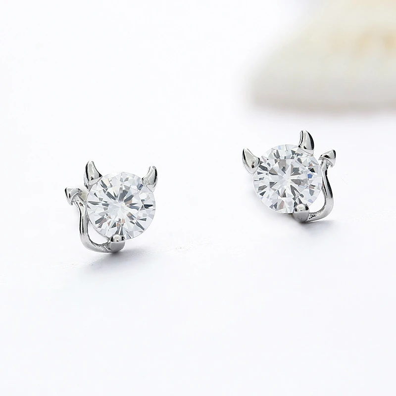 

Mini Style Silver Color Cute Little Devil Stud Earring White zircon Cat Earrings For Women Girl Fashion Jewelry