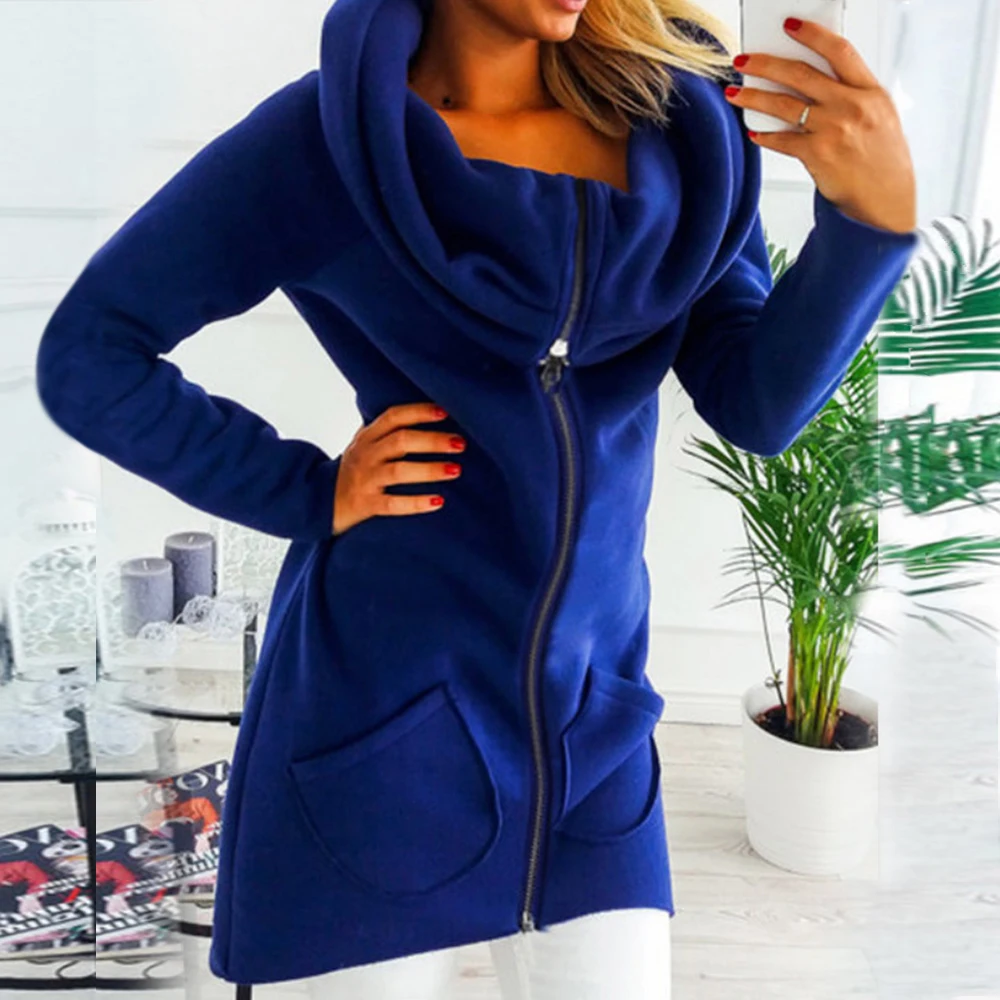 Женская однотонная толстовка на молнии с длинным рукавом и необычным воротником