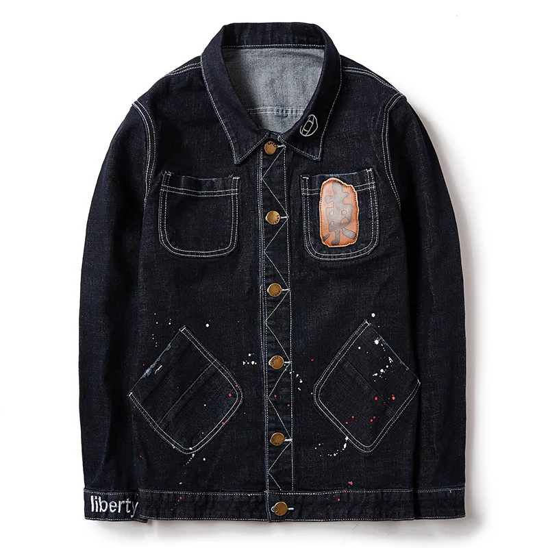 

Autumn men denim jacket Korean popular logo cultivate morality cowboy shirt fashion blouse elastic student leisure coat