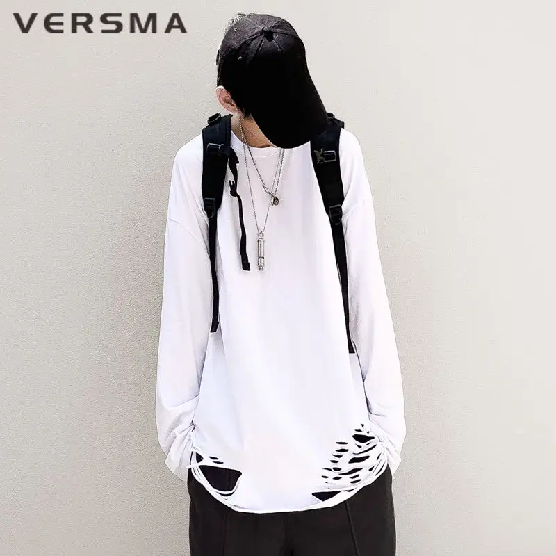 

VERSMA High Street Hip Hop Ripped White T-shirts Men Women Pullover Summer Korean Harajuku Loose Long Sleeve Couple T Shirts Men