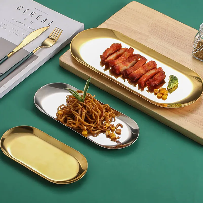 

Golden Stainless Steel Storage Tray Luxury Metal Round Plate Cake Display Metal Kitchen Fruit Plates Photography Prop Home Decor