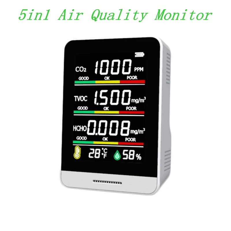 

5in1 Air Quality Monitor CO2 Carbon Dioxide TVOC HCHO Detector Digital Temperature Humidity Meter Accurate Air Quality Analyzer