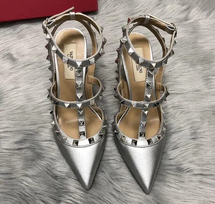 

Summer Women Band Designer High Heel Pointed Sandals With Rivets Genuine Leather 6cm 8cm 10cm Lady Wedding Shoes 34-43 Dust Bag