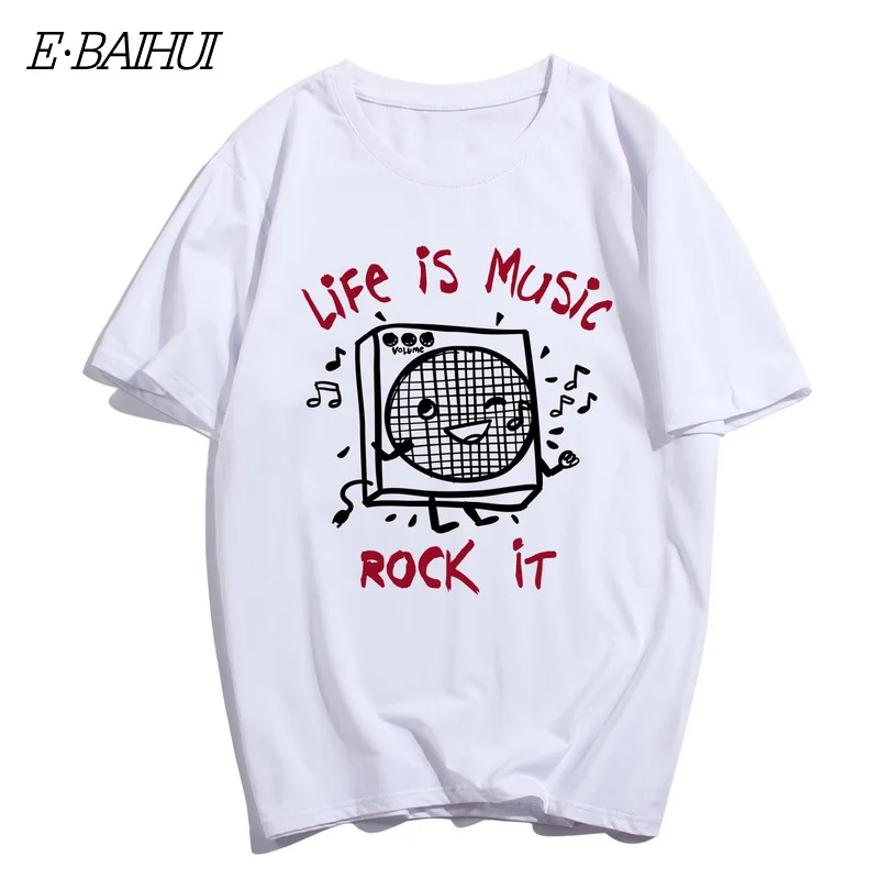 E-BAIHUI Новая летняя Модная хлопковая футболка для мужчин на каждый день короткий рукав Футболка жизнь-это футболки с принтами в виде музыкаль...