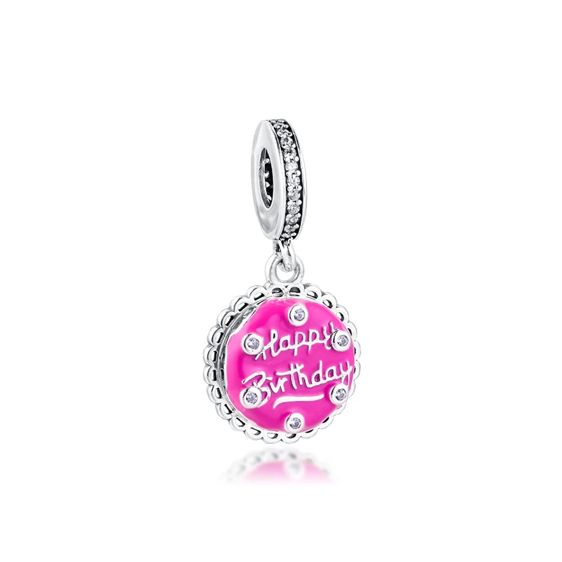 

Подходит для браслетов Pandora Beads, розовые подвески в виде торта на день рождения, 100% 925 пробы, серебряные украшения, бесплатная доставка