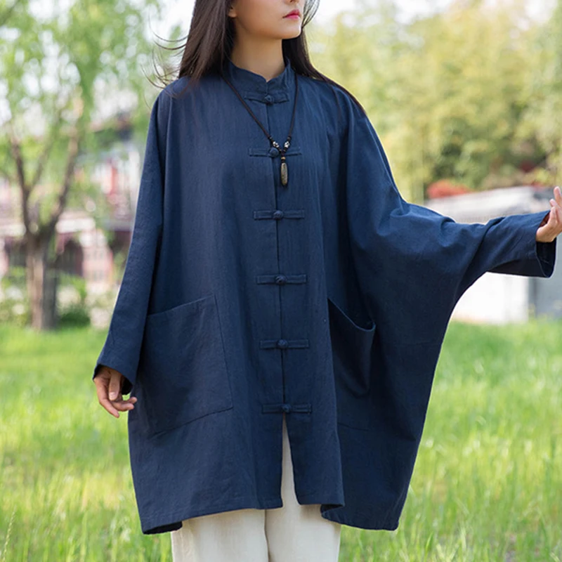 

2020 women chinese style shirt oversize cotton and linen clothes retro button tea garment loose shirt coat for spring autumn