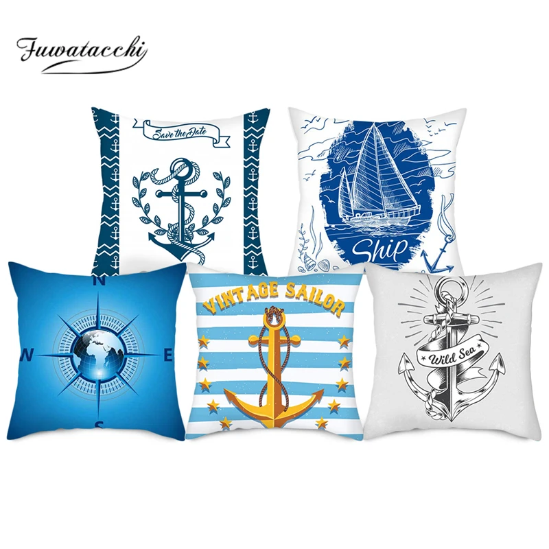 Fuwatacchi Cartoon Anchor Throw Pillow Case Cushion Covers Rudder Compass Cover For Home Sofa Chair Decor Pillowcases | Дом и сад