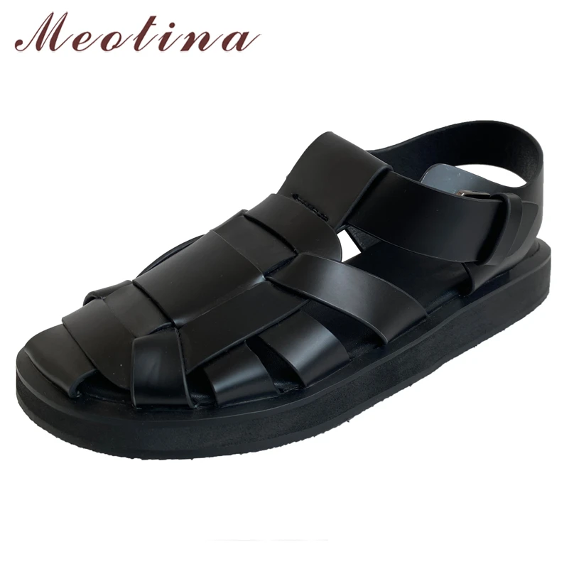 

Meotina Gladiator Sandals Shoes Women Genuine Leather Sandals Plat Platform Buckle Shoes Square Toe Mid Heel Ladies Footwear 40