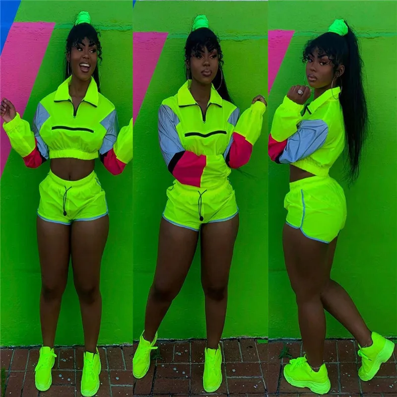 Women's Tracksuit Two Piece Set Long Sleeve Turn-down Collar Crop Top and Biker Shorts Casual Sweat Suit Jogger 2 Piece Outfits