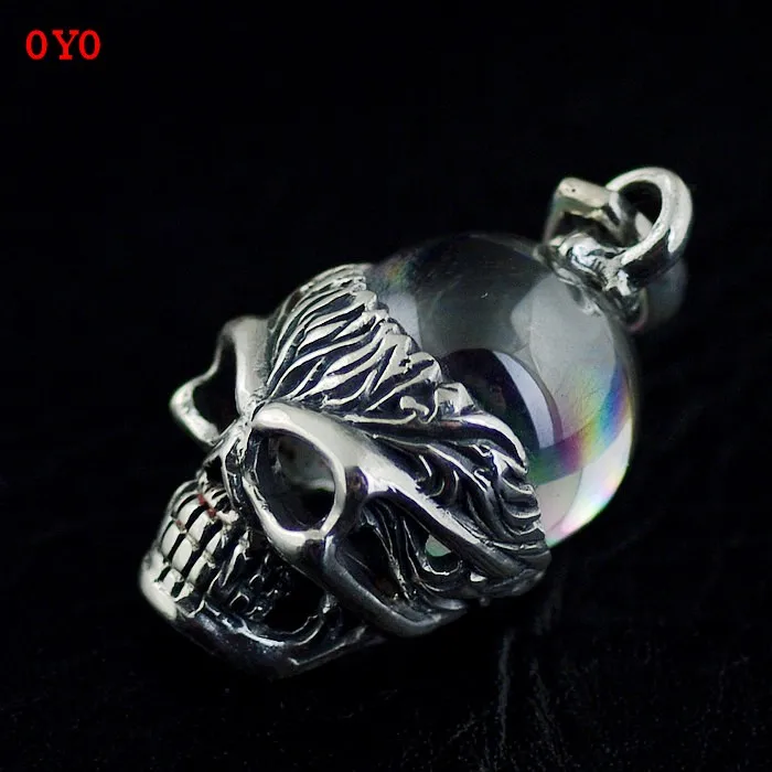 Imported from Thailand, White Crystal Ball 925 Thai Silver Skull Pendant