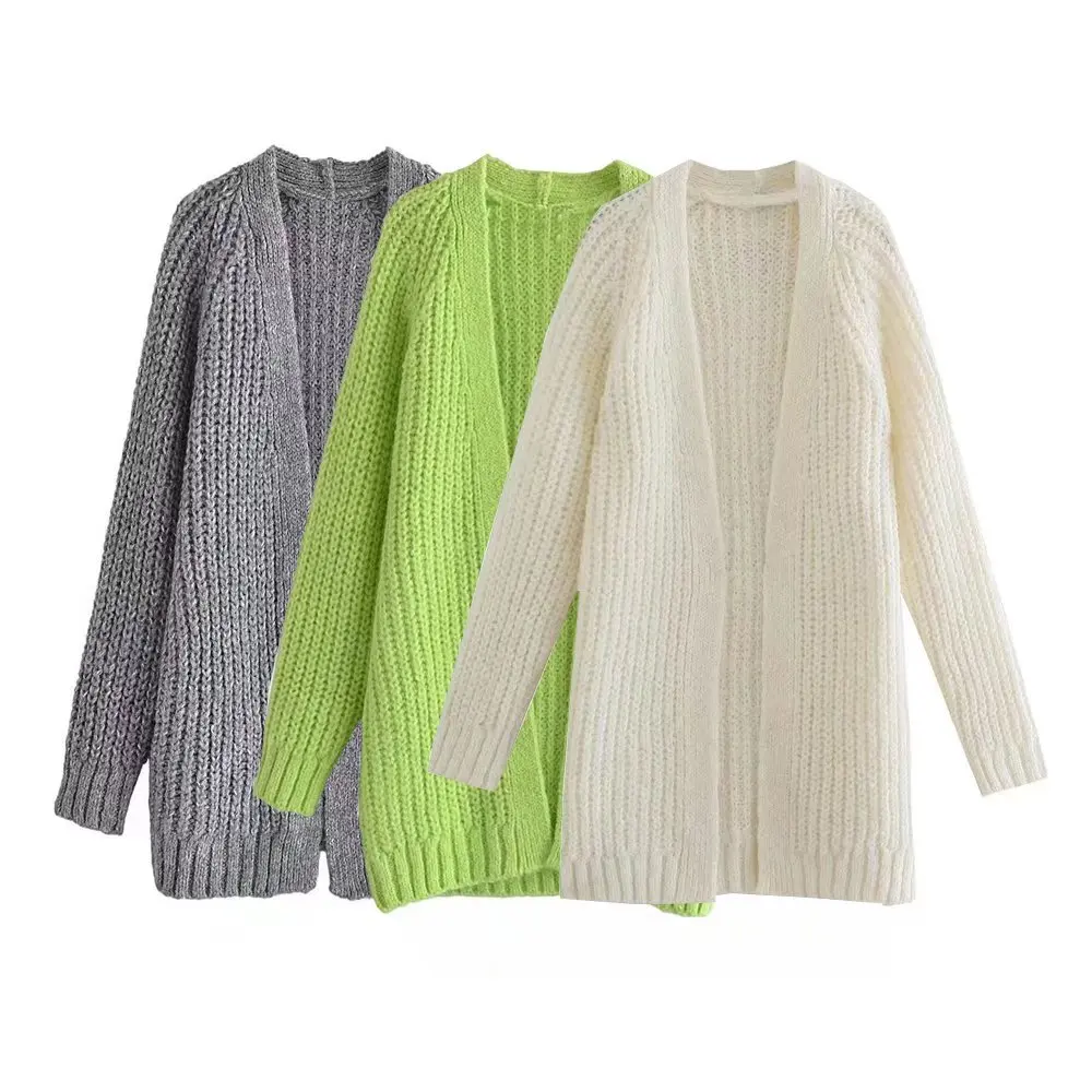 

Women 2021 za fashion oversized open knit cardigan sweater vintage long sleeve ribbed trims female outerwear chic tops
