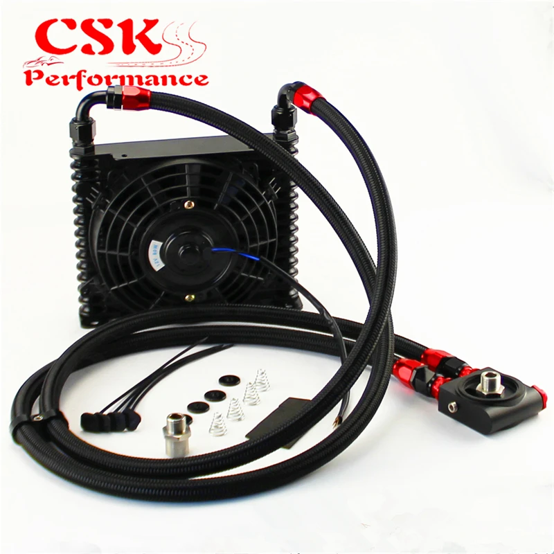 10AN 32MM 15 Rows Universal Engine Oil Cooler+73 degree Thermostat Sandwich Plate kit +7&quot Electric Fan Black |