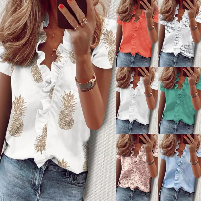 

Leosoxs Summer Sexy Deep V Neck Short Sleeve Women's Blouses Shirt Fashion Ruffles Chiffon Ladies Pullover Tops Shirts Plus Size