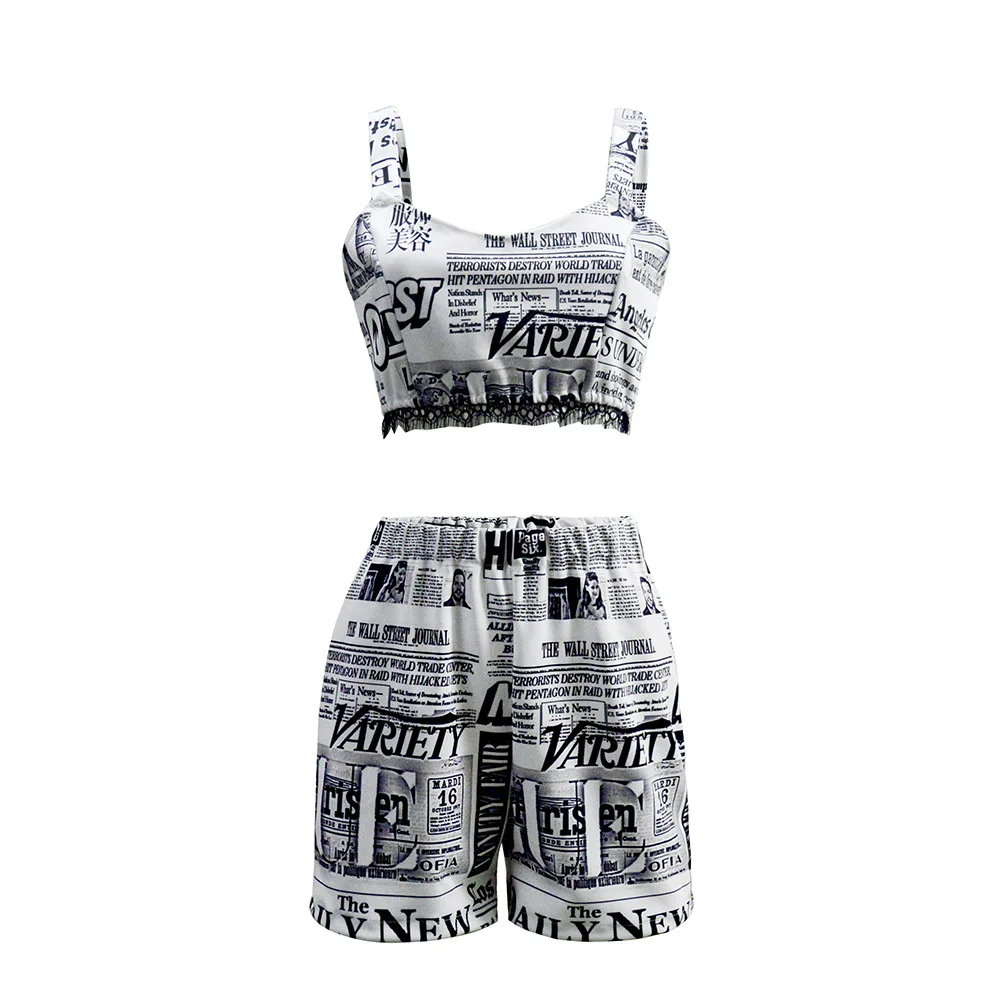 

2020 Summer New Newspaper Print Sleeveless Crop Top and Shorts Two Piece Set Clothes Club Outfits for Women
