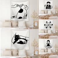 cartoon animal pattern tapestry children room decoration black white cute girl tapestry wall hanging decor living room fabric
