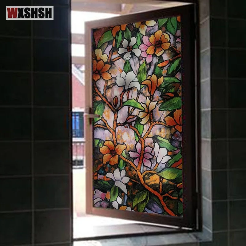 Пленка для стекла с магнолией статическая клейкая не клеящаяся теплоизоляция