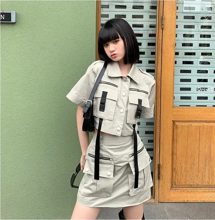 

Multi-pocket Jacket Coat Crop Tops and Mini Skirt Two Peice Sets Women Matching Set Summer Outfit 2 Piece Set Casual Tracksuits