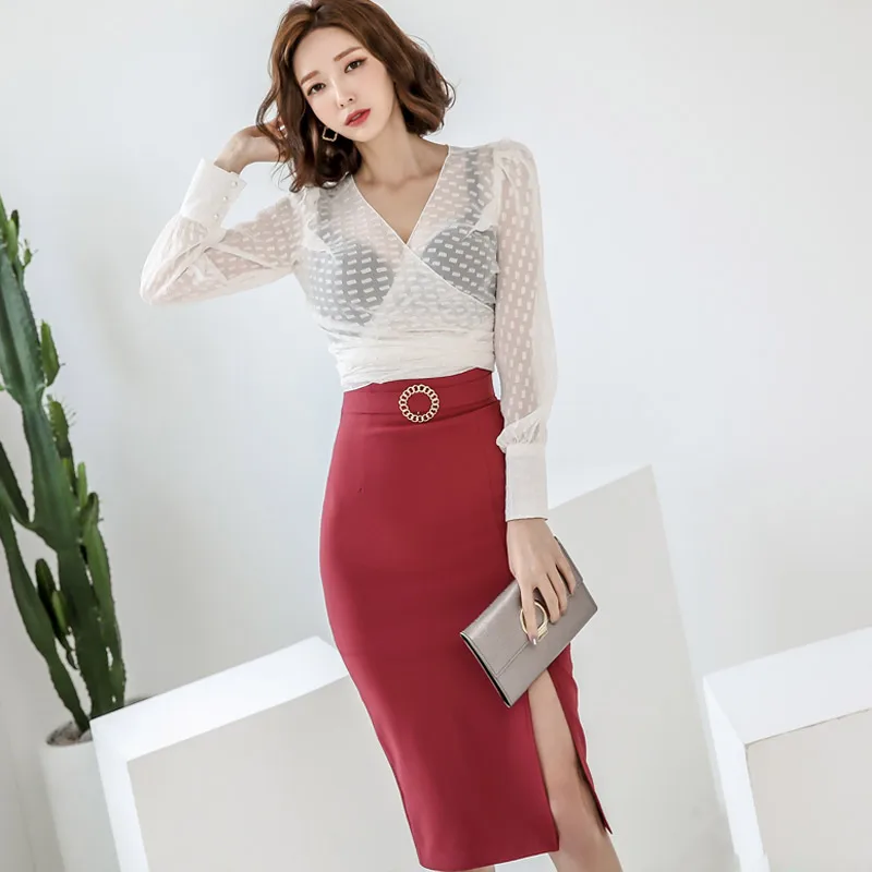 

New Office Lady 2 Pieces Set Slim Women Lace-Up White Shirts Blouses And High Waist Sheath Pencil Bodycon Skirts Suit