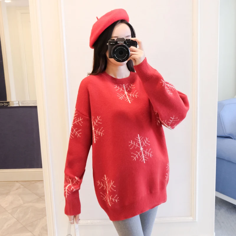 Красный 6077# Autumn Winter Large Size Loose Maternity Sweaters Thicken Pullovers Clothes for Pregnant Women Snow Pregnancy Clothing - Цвет: Красный