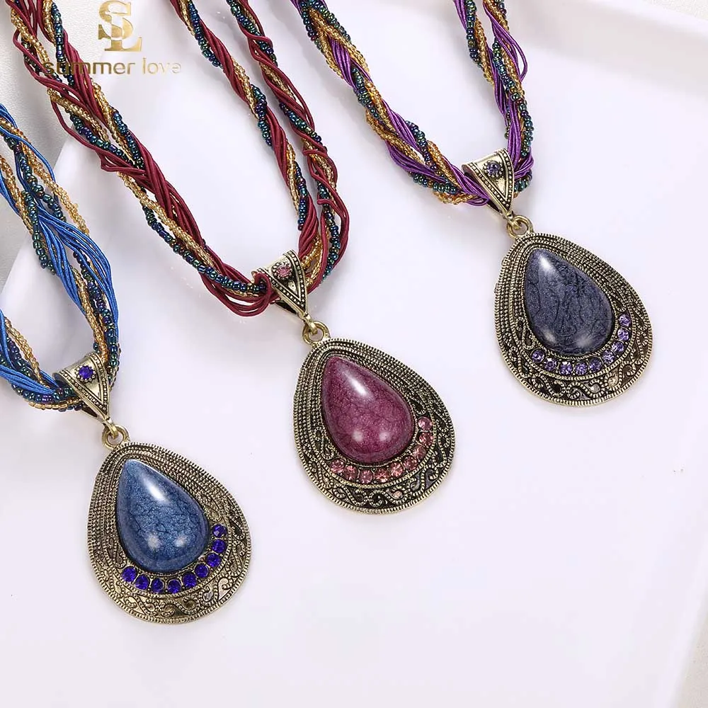 

Trendy Vintage Crystal Choker Necklace Multilayer Woven Rope Chain Teardrop Pendant Necklace for Women Geometric Indian Jewelry