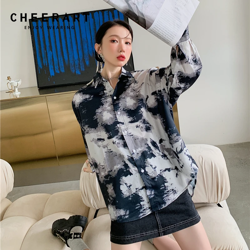 

CHEERART Tie Dye Shirts For Women Long Sleeve Tops And Blouses Button Up Collared Baggy Shirt Streetwear Women Top Autumn 2021