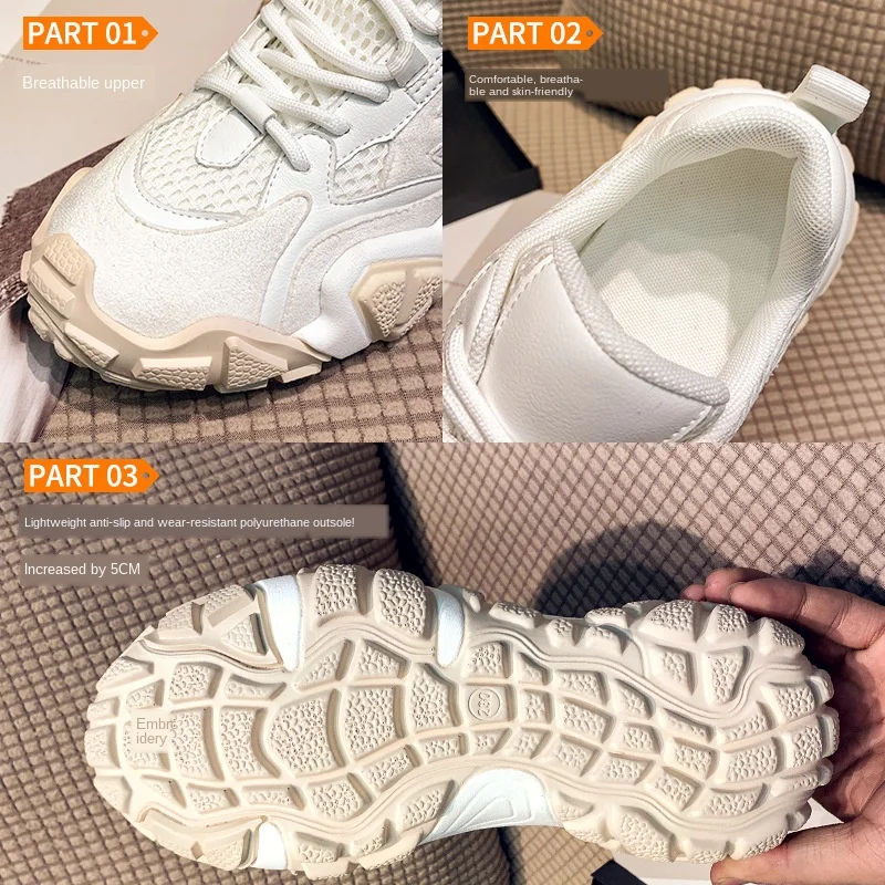 

2020 New fashion retro Genuine leather air mesh chunky sneaker women casual white black Med platform Lace-Up female summer shoes