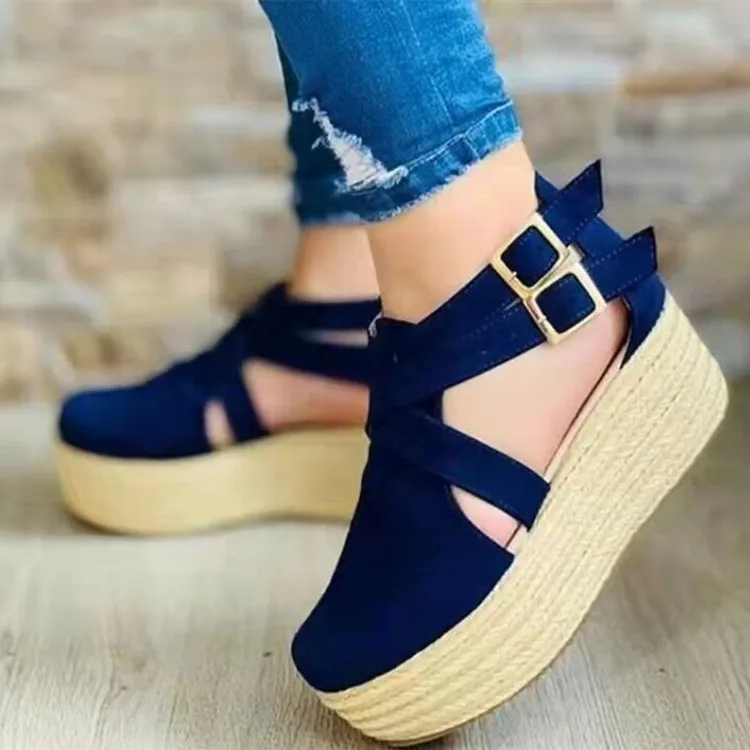 

Women's Sandals Vintage Wedge Shoes Woman Buckle Strap Straw Thick Bottom Flats Platform Sandals Flock Female Shoes Summer