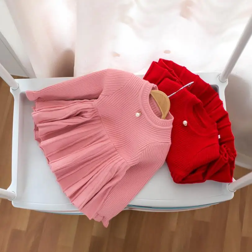 Трикотажное платье свитер для девочек осенне зимняя красная рубашка младенцев и