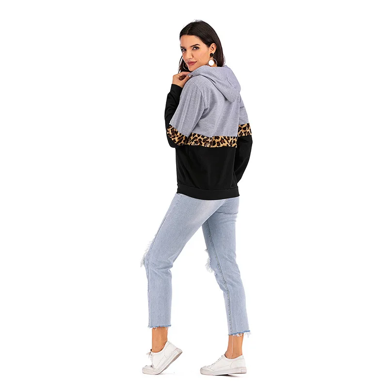 

And American Women's Wear Fall / Winter 2020 Long Sleeve Splicing Leopard Print Hooded Sweater For Women's Leisure