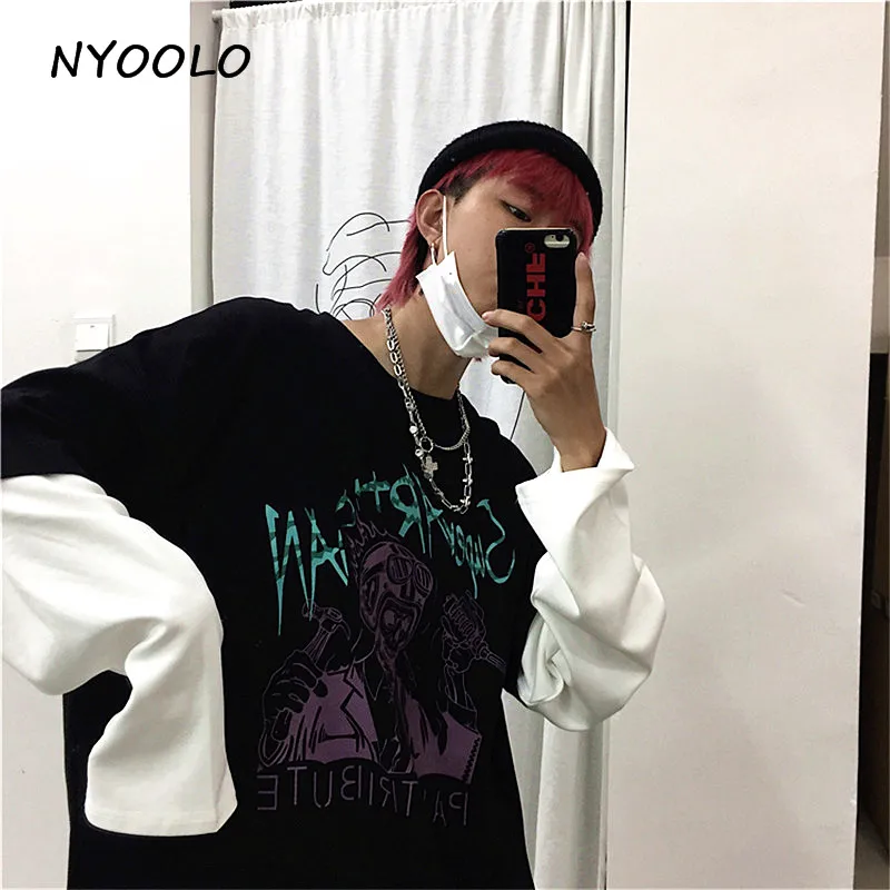 NYOOLO, Винтажная футболка с буквенным принтом, 2 предмета, Лоскутная футболка, осенняя уличная одежда с длинным рукавом, футболка для женщин и мужчин, топы