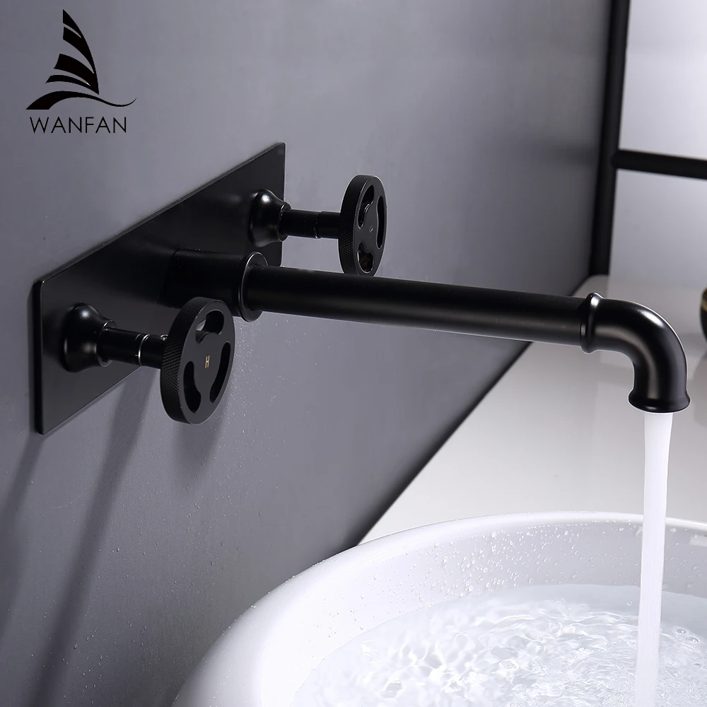 

Basin Faucets Wall Mounted Industrial Style Bathroom Sink Basin Mixer Tap Faucet 3 Pcs Black Faucet Dual Handles 20A16R