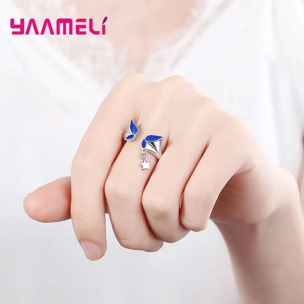 

Top Selling S925 Sterling Silver Jewelry Ring Blue Enamel Butterfly Stars Open Adjustable Finger Accessories for Kids Students