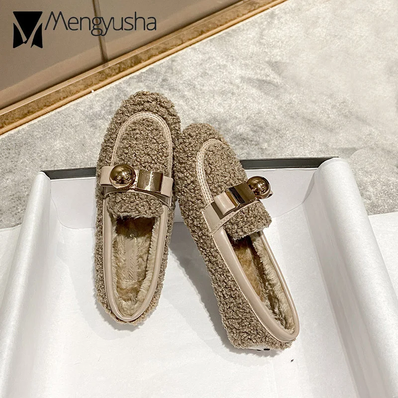 Женские кожаные плюшевые мокасины на плоской подошве с круглым и квадратным