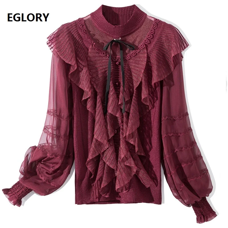 High Quality Brand New Runway Sweaters 2020 Autumn Winter Knit Wear Women Ruffle Lace Patchwork Long Sleeve Vintage Tops Female