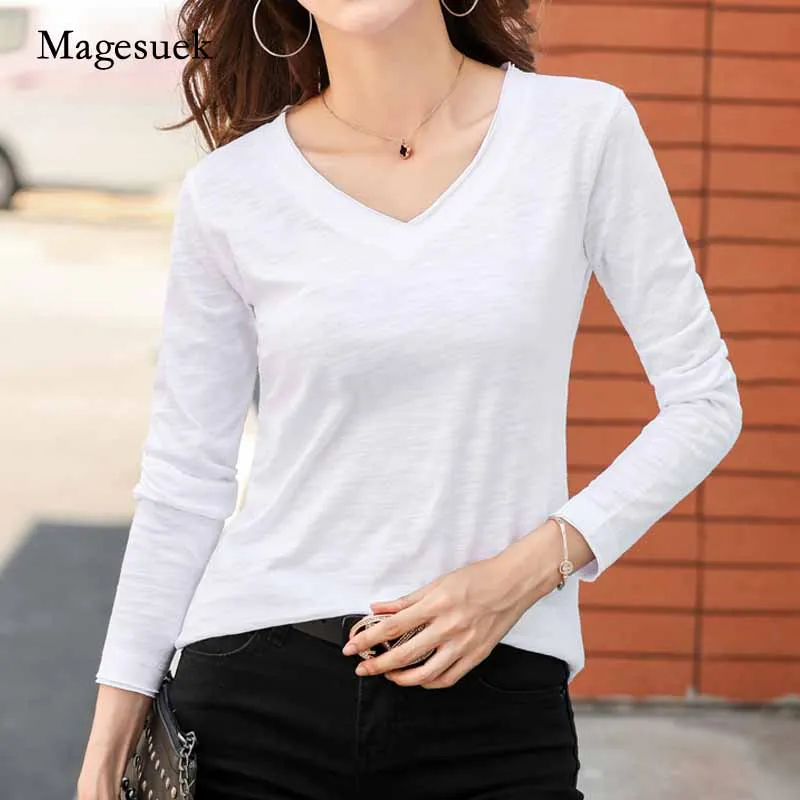 

2020 Autumn New Korean Style Women's Blouse Long Sleeve T-shirt Cotton Bottoming All-match Large Size V-neck Blusas Mujer 10798