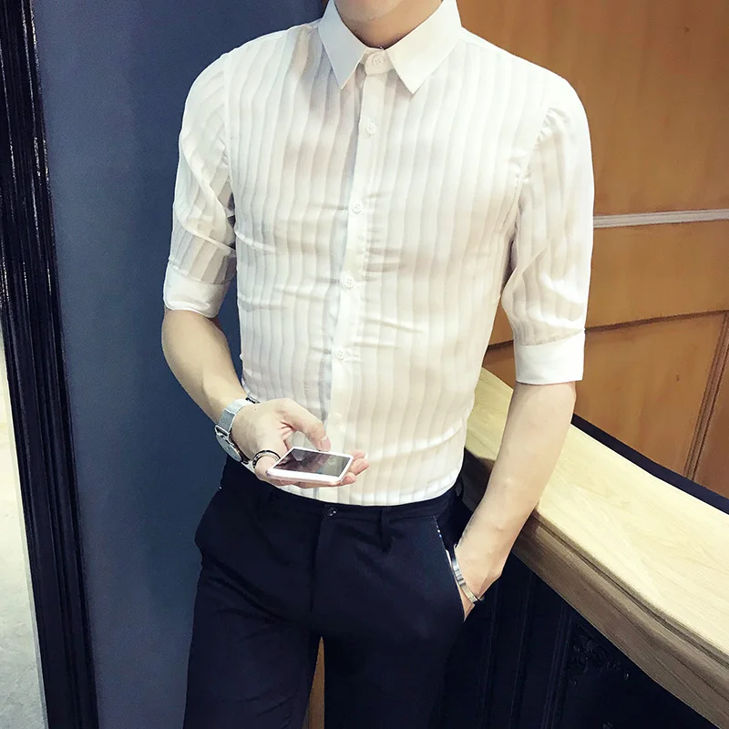 Рубашка мужская прозрачная пикантная модная сорочка с рукавом до локтя