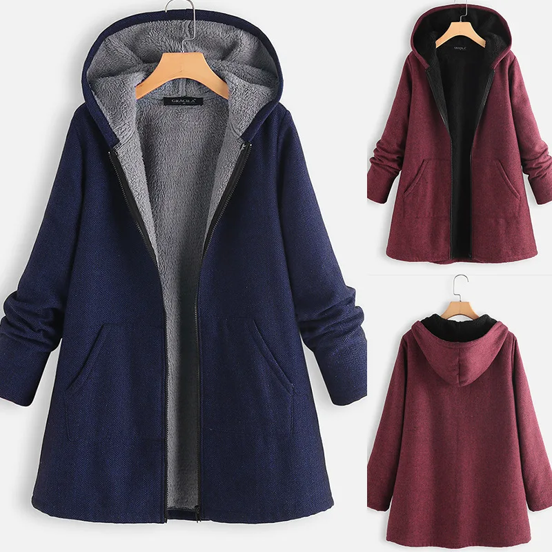

Women's autumn and winter new solid color pocket hooded warm coat Long sleeve cotton padded coat