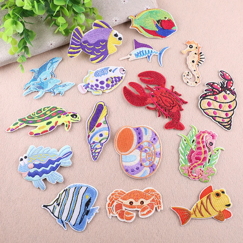 

30pcs/lot Embroidery Patch Sea Fish Crab Tortoise Whale Conch Clothing Decoration AccessoriesDiy Iron Heat Transfer Applique
