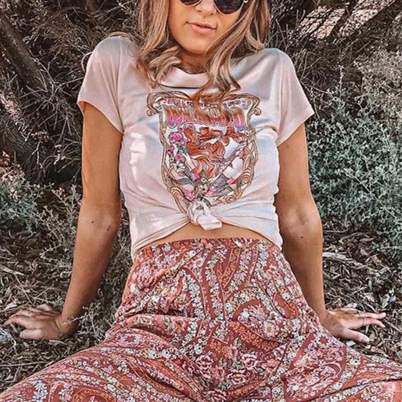 Boho винтажный шикарный женский хлопковый топ happie с круглым вырезом, футболки с рисунком розы, женские футболки с коротким рукавом, большие размеры