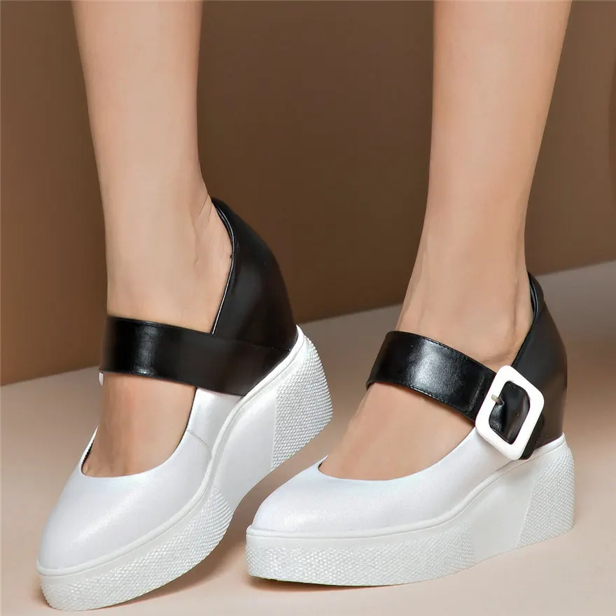 

Low Top Platform Mary Janes Women Genuine Leather Wedges High Heel Ankle Boots Female Pointed Toe Fashion Sneakers Casual Shoes